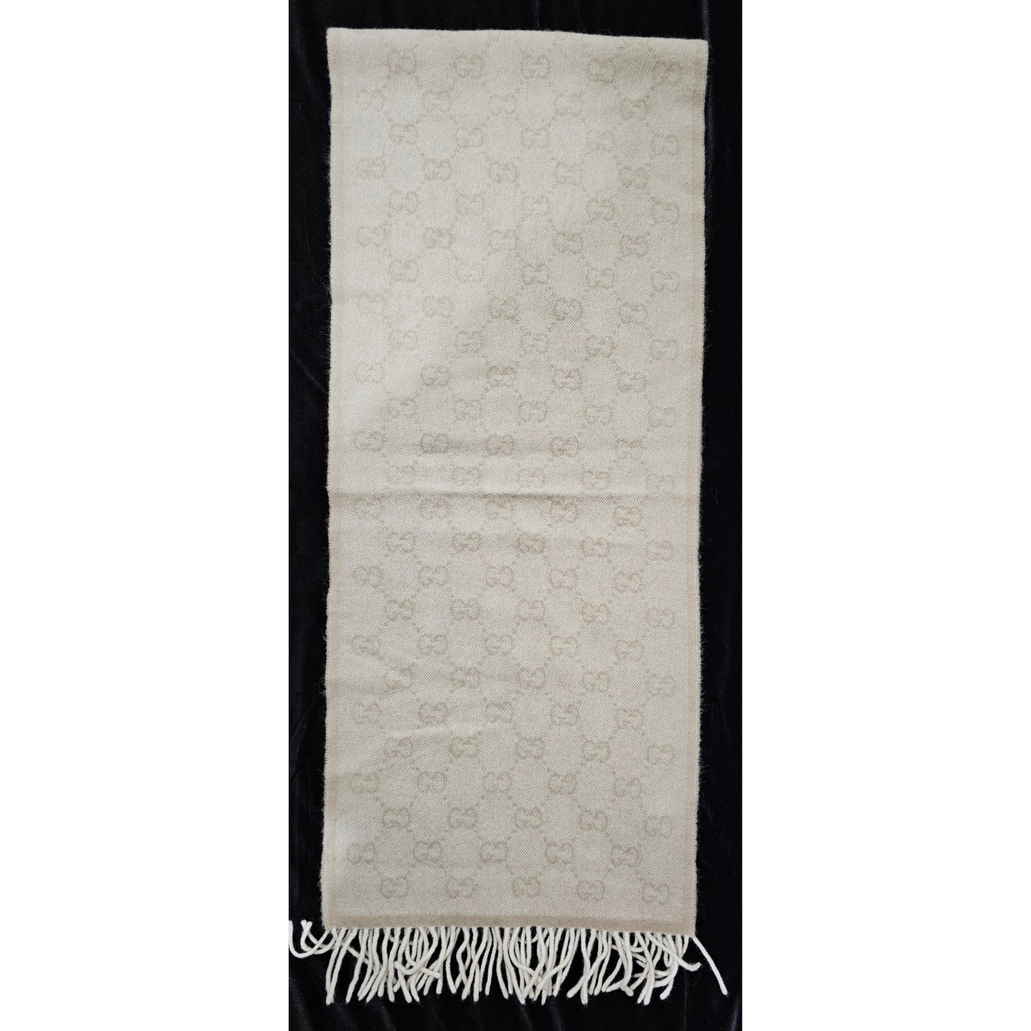 Gucci Muffler Stole Wool GG Pattern Fringe -White/Cream