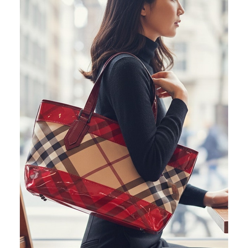 Burberry Red Nova Check Coated Canvas/Vinyl Tote