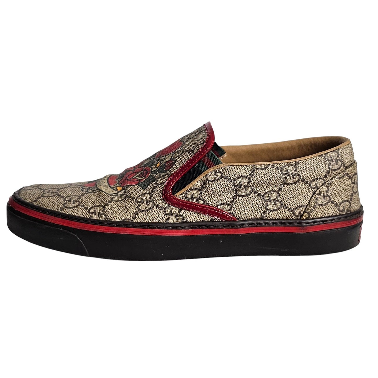 Gucci GG Supreme coated canvas slip-on loafers with heart and rose appliqués Sz 36C