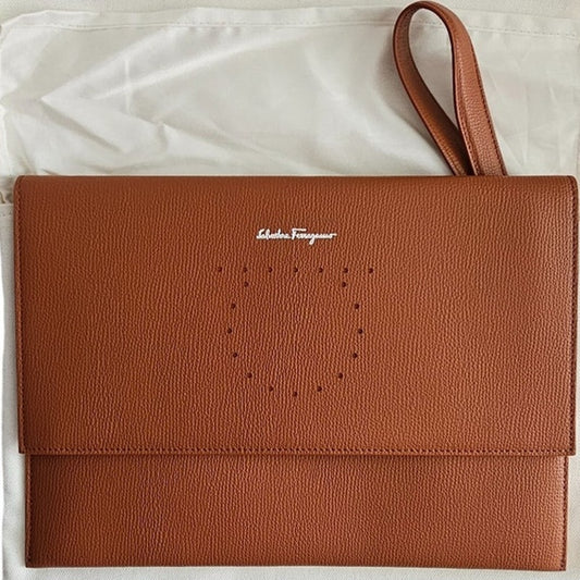 Salvatore Ferragamo Brown Pebbled Leather Clutch Bag