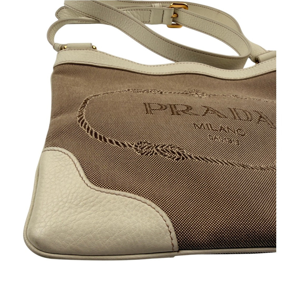 PRADA Canapa Leather Jacquard Crossbody Bag Beige White