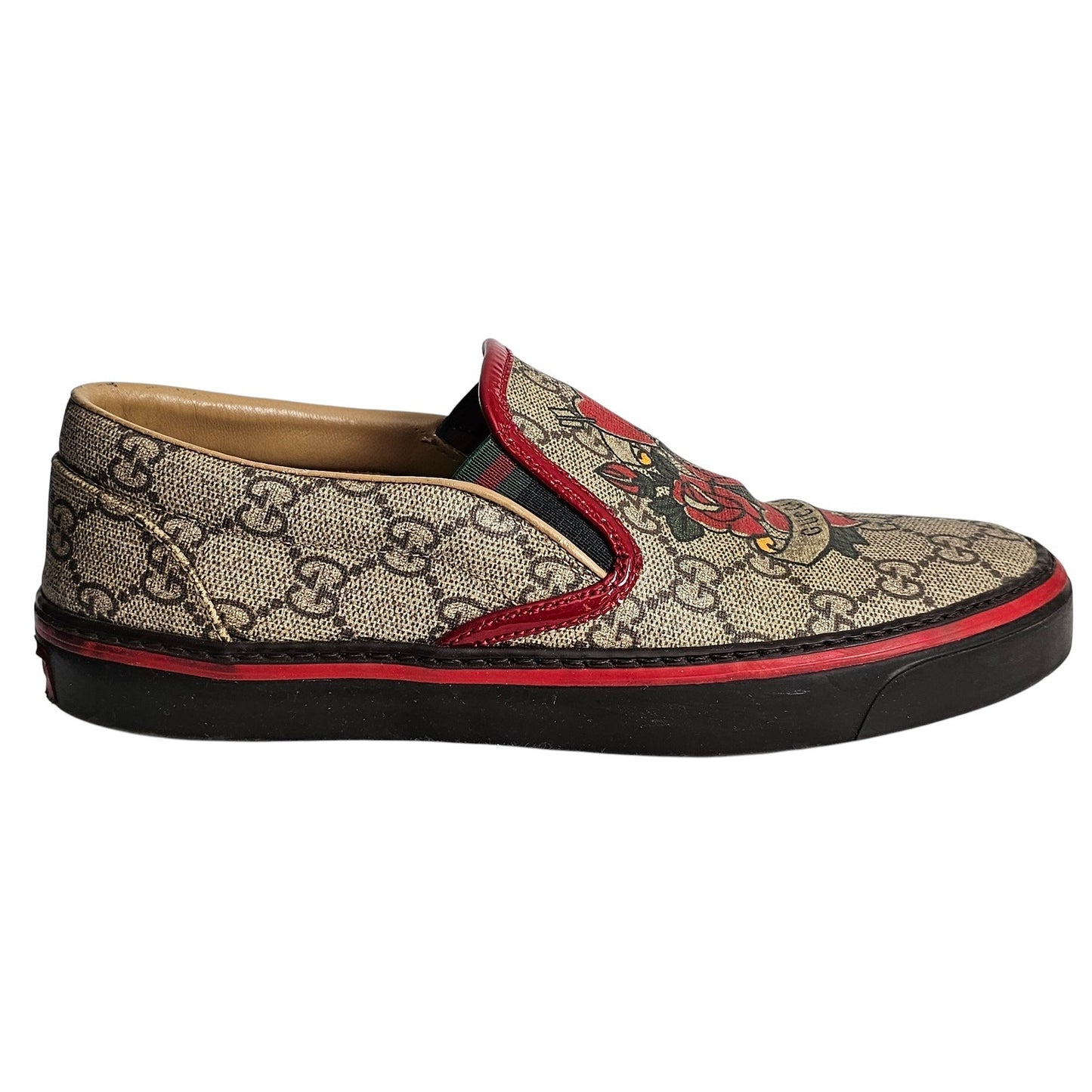 Gucci GG Supreme coated canvas slip-on loafers with heart and rose appliqués Sz 36C