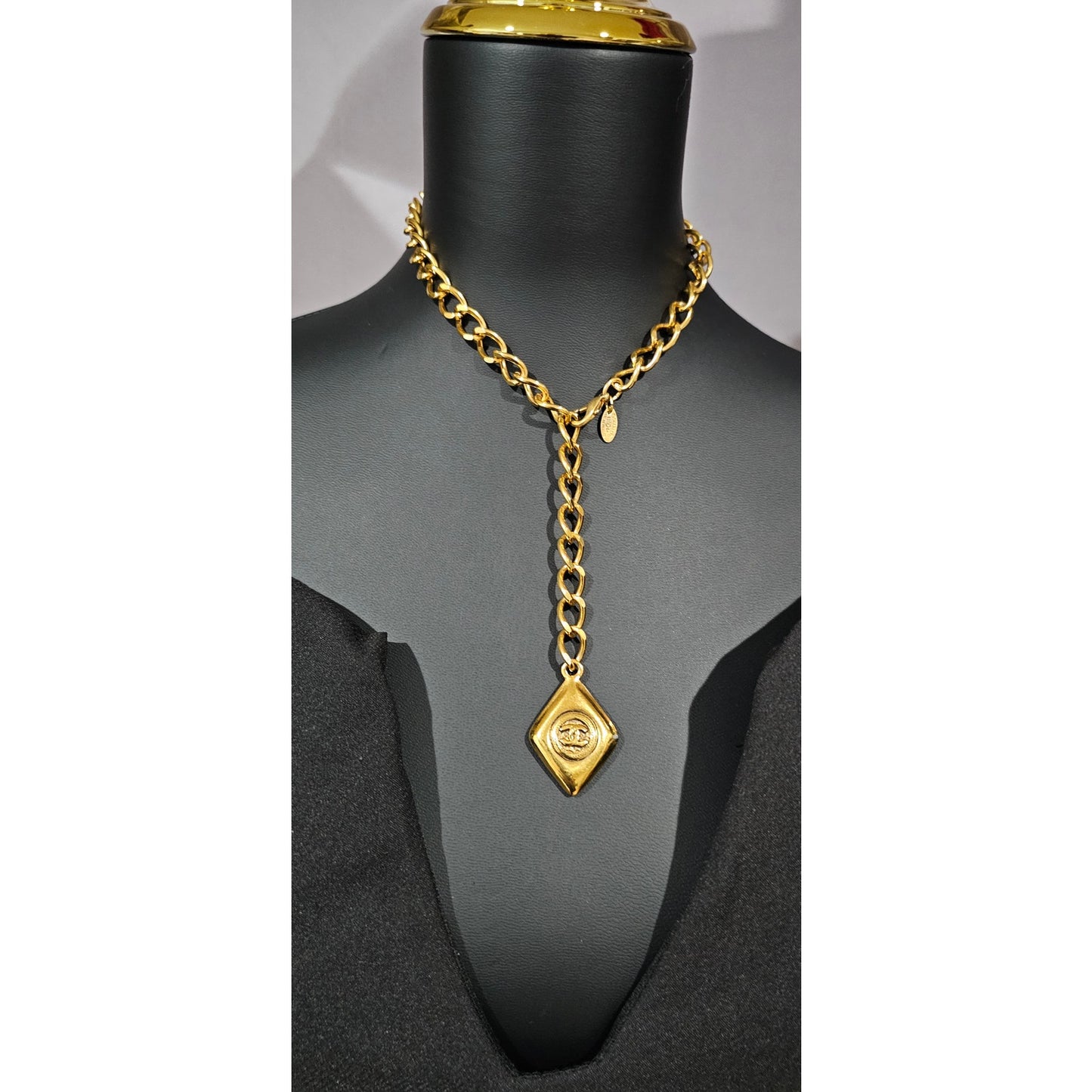 CHANEL CC Vintage 24K Necklace Rhombus Logo Gold 93P