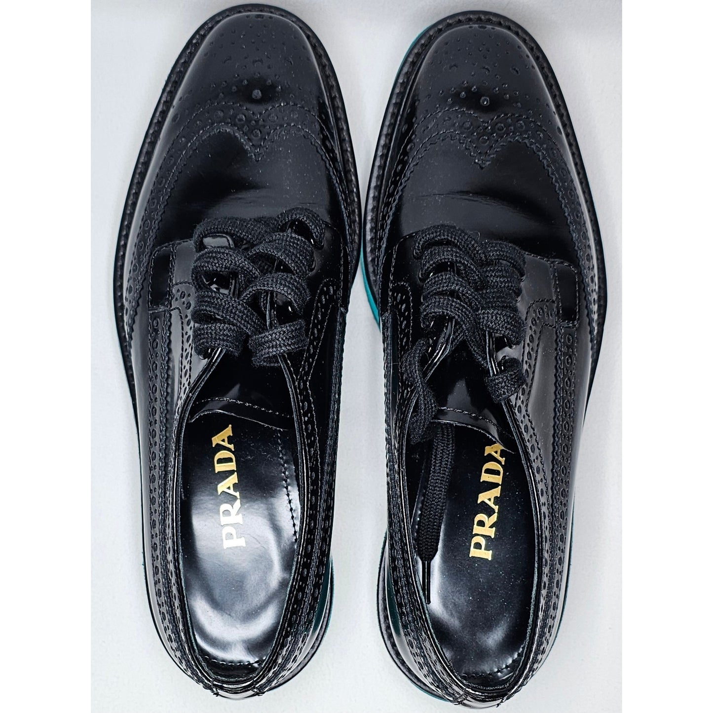 Authentic Prada Black Leather Lasercut Accents Oxford Platform Shoes Size 35.5